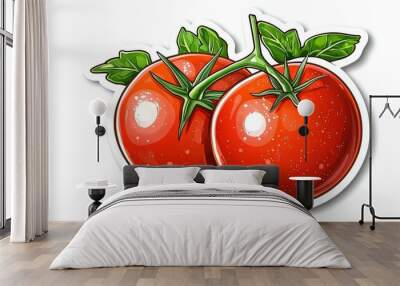 Vibrant illustration of two fresh red tomatoes with green leaves, perfect for culinary and gardening themes. Wall mural