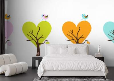 Four season trees with Singing Birds. Stylized happy cartoon illustration. Flat color vector design. Child theme. Wall mural