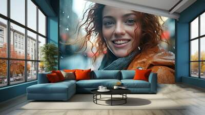 illustration of a young simple woman smiling happily Wall mural