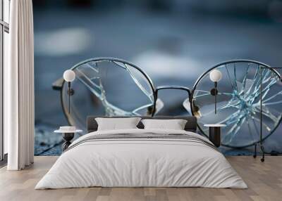 A pair of eyeglasses with a broken frame symbolizes the passage of time or a moment of impact. Wall mural