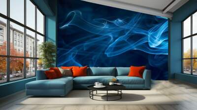 Blue smoke swirls and billows against a black background, creating a mysterious and abstract effect Wall mural