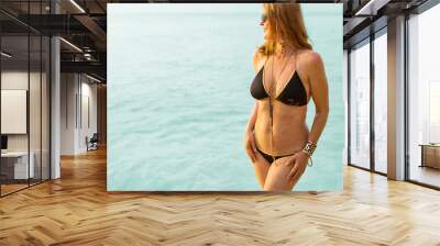 Chic woman in black bikini and jewelry by the sea Wall mural