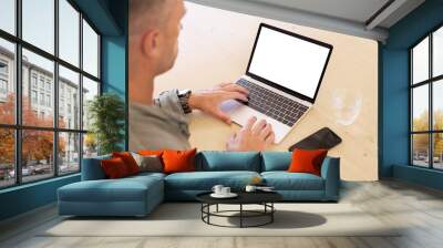 Man working on laptop computer, over the shoulder view Wall mural