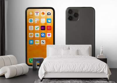 Modern mobile phone mockup with sample home screen and back side view. Wall mural