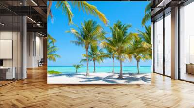 Panorama of idyllic tropical beach with palm trees, white sand and turquoise blue water Wall mural