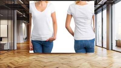 woman in white v-neck t-shirt, front and back Wall mural