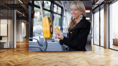 woman using electronic ticket punching machine in train Wall mural