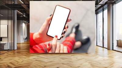 Woman using mobile phone, empty mockup screen for your own design Wall mural