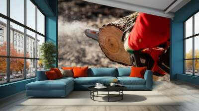 Motor electric powered chainsaw sawing lumber close up as sawdust fly all over Wall mural