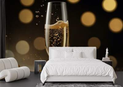 A champagne glass with golden bubbles is lifted at a celebration with a festive backdrop. Wall mural