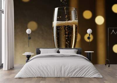 A champagne glass with golden bubbles is lifted at a celebration with a festive backdrop. Wall mural