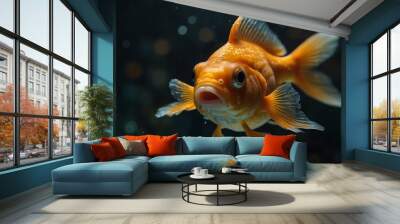 A goldfish swimming in a dimly lit aquarium, captured in a close-up shot that highlights its shimmering scales. Wall mural