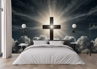 A luminous cross stands amidst soft clouds, symbolizing hope and resurrection. Wall mural