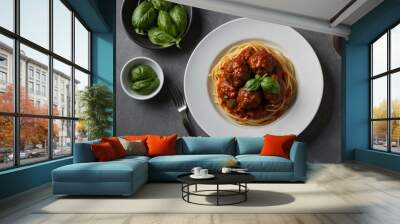 A plate of spaghetti and meatballs viewed from above, providing a delicious background with room for text or design. Wall mural