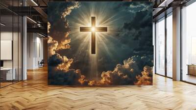 A radiant cross shines through clouds, representing faith and resurrection. Wall mural