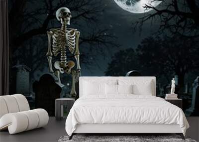 A skeleton walks in a cemetery at night under a full moon. Wall mural