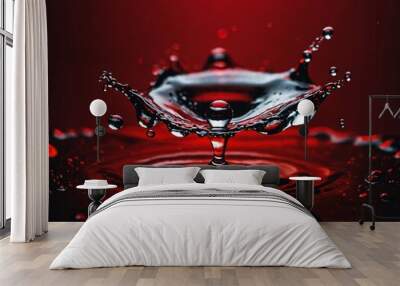 A splash of water droplets against a striking red background creates a dramatic visual Wall mural