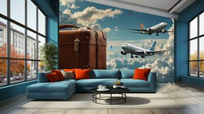 A travel scene showcases a suitcase, clouds, and an airplane in a bright sky. Wall mural