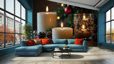 A winter evening filled with glowing candles and festive decorations for the holidays. Wall mural