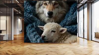 A wolf and sheep resting on blue knit covers. Wall mural