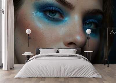 A woman’s face features blue makeup and lighting. Wall mural