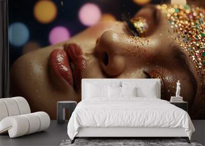 A woman’s face is covered in colorful glitter under bright lights. Wall mural