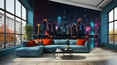 Abstract cityscape with neon lights and bokeh. Wall mural