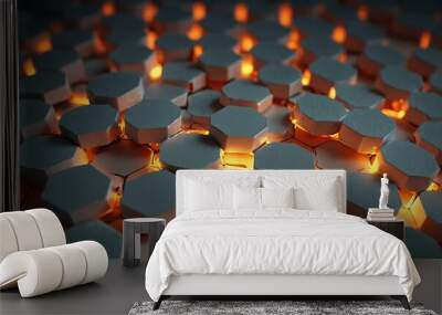 Abstract white hexagonal pattern with orange lights. Wall mural