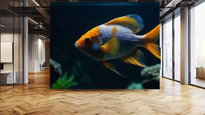 An exotic fish swimming in a dark aquarium, captured in a close-up that emphasizes its bright colors against the dark water. Wall mural