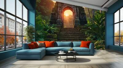 Ancient stone gateway with steps leading into a lush jungle, enhanced by a vibrant sunset. Wall mural