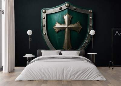 Arrow and shield with a cross in a button, shown in a line icon. Wall mural