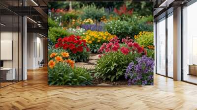 Blooming green garden with colorful flowers. Wall mural