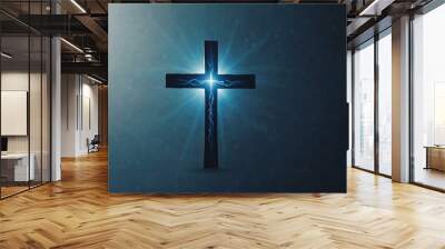 Blue background with a cross, symbolizing healing and medical care. Wall mural