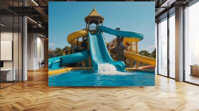 Bright aqua slides and floats in a water park, cartoon-style fun equipment. Wall mural