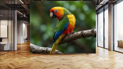 Bright parrot perched on a branch. Wall mural