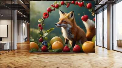 Cartoon fox with a flower in a fruit frame, featuring hearts and summer fruits. Wall mural