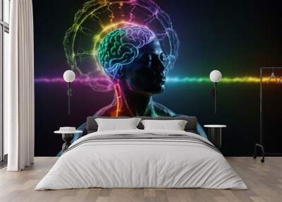 Chakras interacting with brain, representing energy cognition. Wall mural