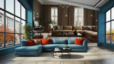 Chic living room with elegant windows and a modern light brown couch. Wall mural