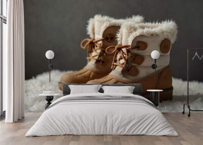 Children’s winter boots with fur lining displayed on a white background. Wall mural