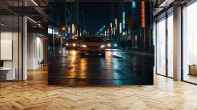 City streets alive with night traffic, lights reflecting off the pavement. Wall mural