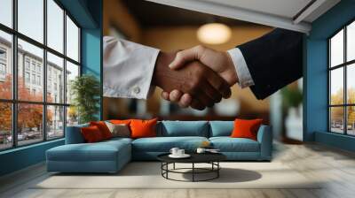 Close-up handshake between two people at a restaurant. Wall mural