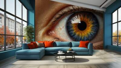 Close-up of an eye with a blazing iris, symbolizing determination. Wall mural