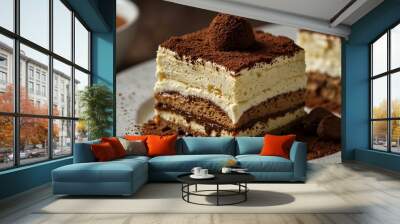 Close-up of delicious tiramisu dessert with cocoa and cream. Wall mural