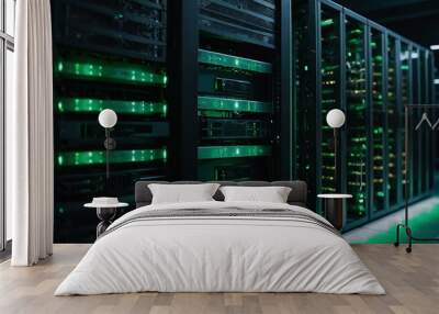 Close-up of server cabinets with green lights glowing. Wall mural