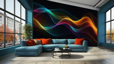 Colorful abstract waves and shapes on a dark background, creating a dynamic visual. Wall mural