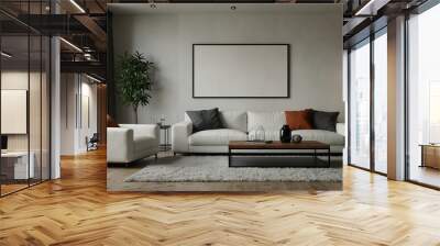 Contemporary living room with a white sofa and blank frame. Wall mural