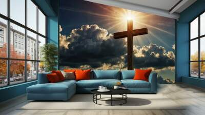 Cross of Jesus Christ in the sky with clouds. Wall mural