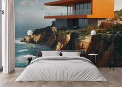 D illustration of an orange modern house perched on a cliff overlooking the ocean. Wall mural