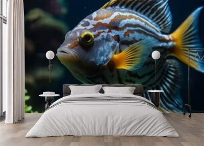 Detailed view of exotic fish swimming in an aquarium with dark water. Wall mural