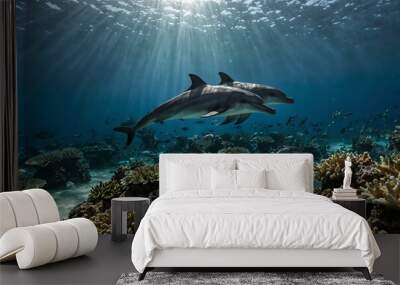 Dolphins swimming near a coral reef Wall mural